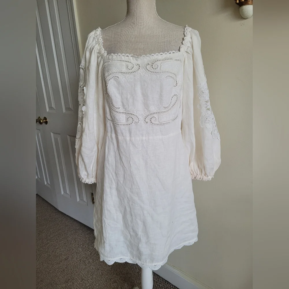 FARM Rio White Eyelet Puff-Sleeve Mini Dress
